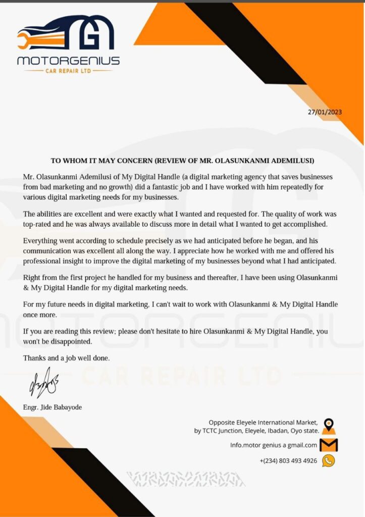 client testimonial - digital marker in nigeria -olasunkanmi ademilusi